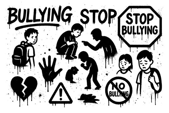 Anti bullying icons with sad faces, stop signs, silhouettes, and graffiti stencil style, Transparent Background