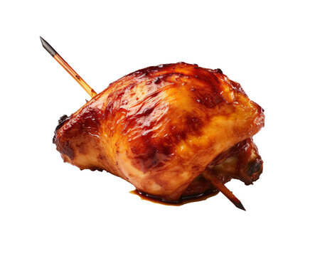 professional image showcasing a single roasted chicken, positioned horizontally on a large metal skewer, tightly secured and perfectly browned, reflecting the shine of the golden