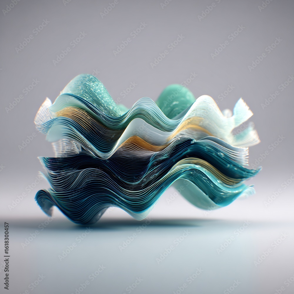 Poster abstract layered wave pattern with teal and gold shimmering textures on light backdrop