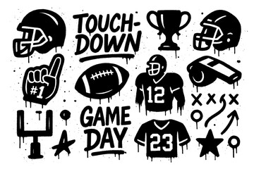 American football gear with helmets, ball, trophy, jerseys, and game icons in graffiti stencil style, Transparent Background © SenorPinky