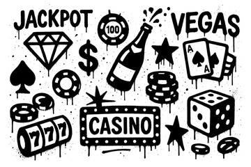 Casino and jackpot elements with playing cards, dice, chips, and symbols in graffiti stencil style, Transparent Background