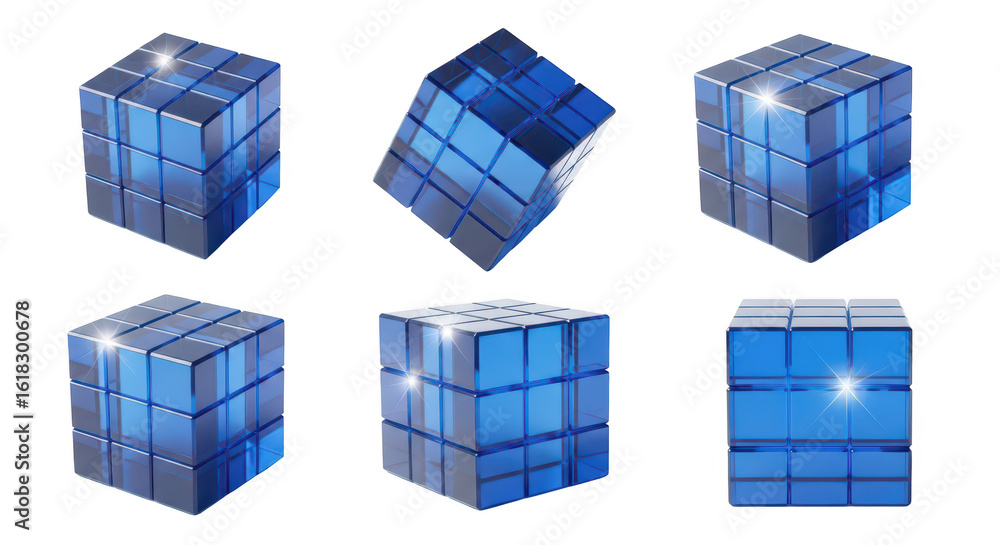Poster blue cube puzzle variations are showcased on white highlighting problem-solving strategy and challen