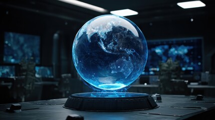 Holographic earth globe in a futuristic control room