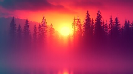 Sunrise through a misty forest.