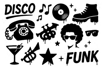 Retro disco and funk icons with music, dance, and party elements in graffiti stencil style, Transparent Background