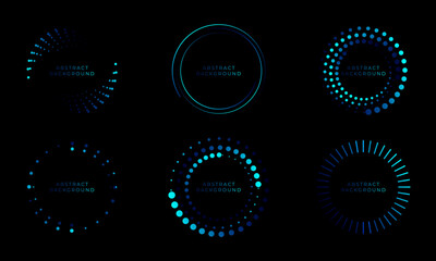 Set of abstract futuristic technological round elements from lines and dots in neon color on a dark background with copy space. Vector illustration.