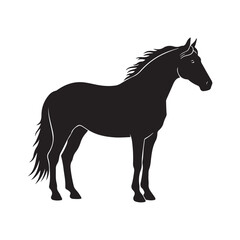 Black horse silhouette standing isolated on white background