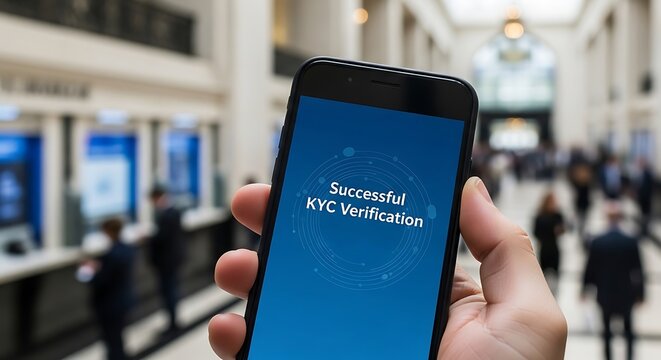 Fintech concept showing successful KYC verification on a mobile phone for digital identity authentication in a bank