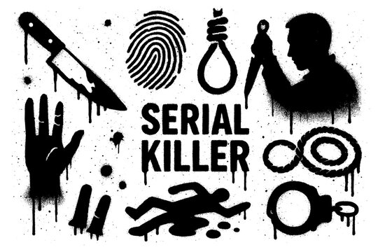 Serial killer crime icons with murder weapons, forensic and investigation elements in graffiti stencil style, Transparent Background