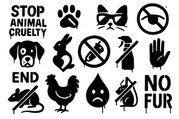 Animal rights protest icons with slogans, animals, scales, and activist symbols in bold graffiti style, Transparent Background