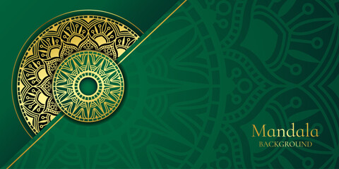 Luxury golden mandala on green background. 3d template horizontal banner with copy space. Arabic culture. Vector illustration.
