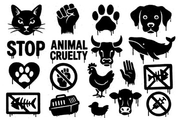 Obraz premium Animal rights protest icons with slogans, animals, scales, and activist symbols in bold graffiti style, Transparent Background
