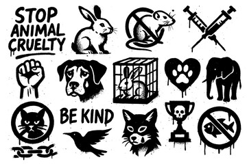Naklejka premium Animal rights protest icons with slogans, animals, scales, and activist symbols in bold graffiti style, Transparent Background