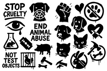 Animal rights protest icons with slogans, animals, scales, and activist symbols in bold graffiti style, Transparent Background