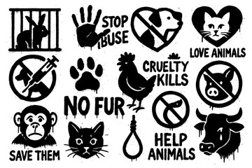 Animal rights protest icons with slogans, animals, scales, and activist symbols in bold graffiti style, Transparent Background