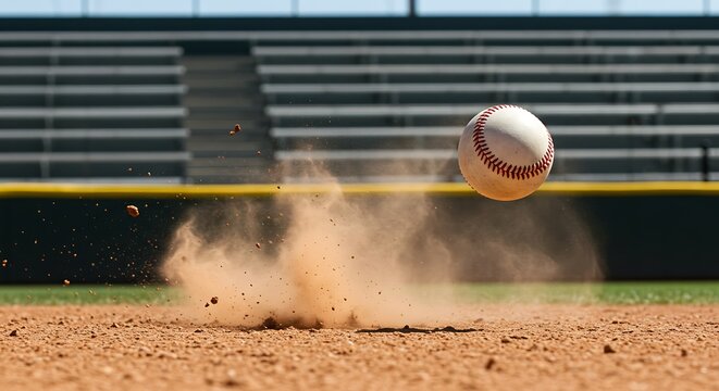 A baseball bounces on the dirt infield, kicking up a cloud of dust with empty bleachers in the background.