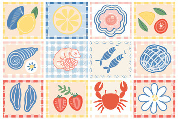 Whimsical Summer Food and Nature Pattern with Fruits Seafood and Flowers in Squares