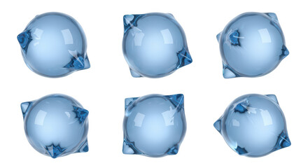 Spheres enclosed in blue transparent square-cornered wrappers against a white background demonstrating packaging concepts or conceptual design