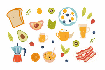 Healthy and Colorful Breakfast Food Illustration with Eggs Bacon Fruit Toast and Coffee