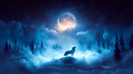 Silhouetted wolf howls at the full moon over a misty mountain forest.