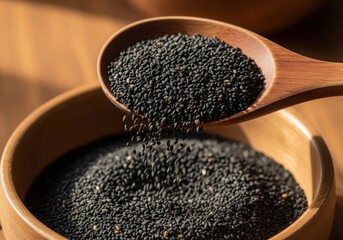 Wooden spoon scooping black sesame seeds from a bowl