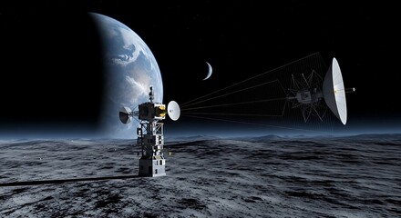Futuristic lunar communication relay station transmitting data with laser beams to a satellite, with planet Earth in the cosmic background.