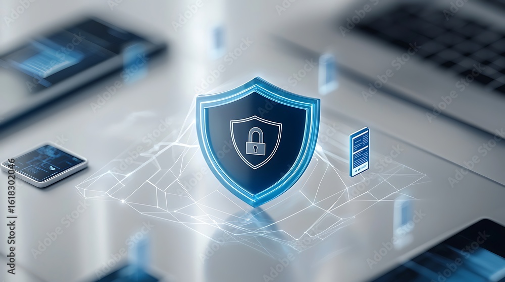 Poster digital security concept with shield icon and lock symbol in technology environment for cyber protec