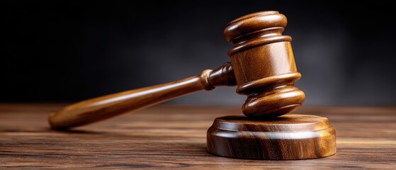 gavel judge law concept. Wooden gavel resting on a dark background, symbolizing justice and legal proceedings.
