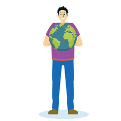 vector of young man standing behind small earth