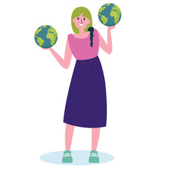 Vector a standing woman wearing a pink dress is carrying a globe