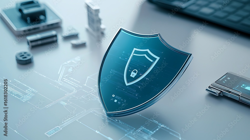Poster digital security concept with shield symbol and technology elements for cyber protection and safety 