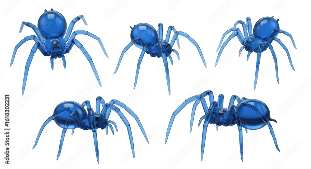 Poster several translucent blue spiders posed against a bright white backdrop with a focus on their intrica