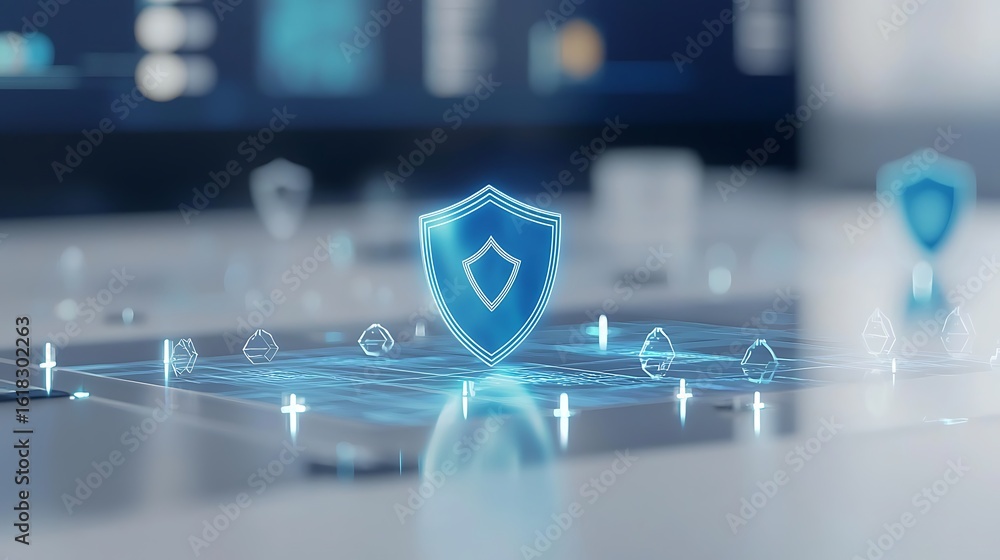 Poster digital network with holographic shield icon representing cybersecurity and data protection in moder