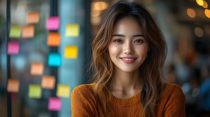 Obraz premium Cheerful Asian businesswoman brainstorming with colorful notes
