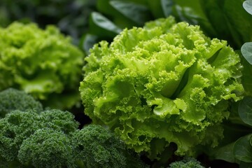 Closeup of luscious kale and fresh lettuce flourishing in a biodiverse vegetable garden, highlighting vibrant colors and healthy growth for organic food enthusiasts