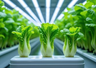 Fresh green lettuce growing under bright led lights in a modern vertical farm