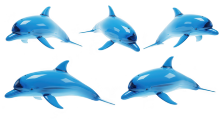 Five stylized translucent blue dolphins leaping isolated on a bright white studio backdrop potentially for aquatic marine life or children's themes