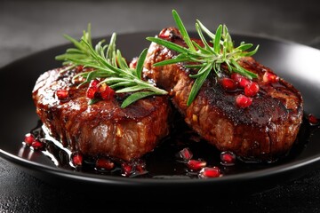 Savory beef steaks adorned with fresh rosemary and succulent juices on an elegant black dish for culinary aficionados