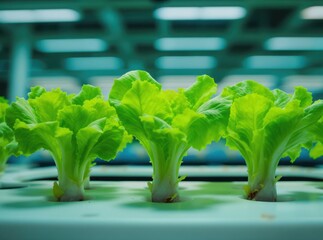 Lush green lettuce growing in a hydroponic farm under artificial lights