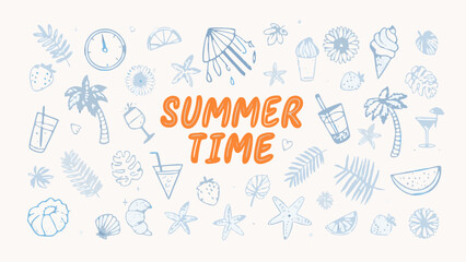 Summer Time Doodle Illustration with Tropical Elements and Refreshing Drinks on White
