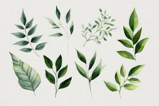 Delicate watercolor green leaves arrangement perfect for botanical wedding invites, save-the-date cards, thank-you notes, and elegant greeting cards on a pristine white background