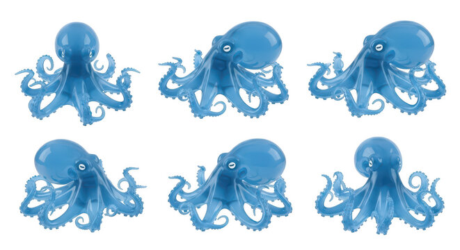 Blue octopuses display diverse poses on a white backdrop showing action and form ideal for educational materials or design elements