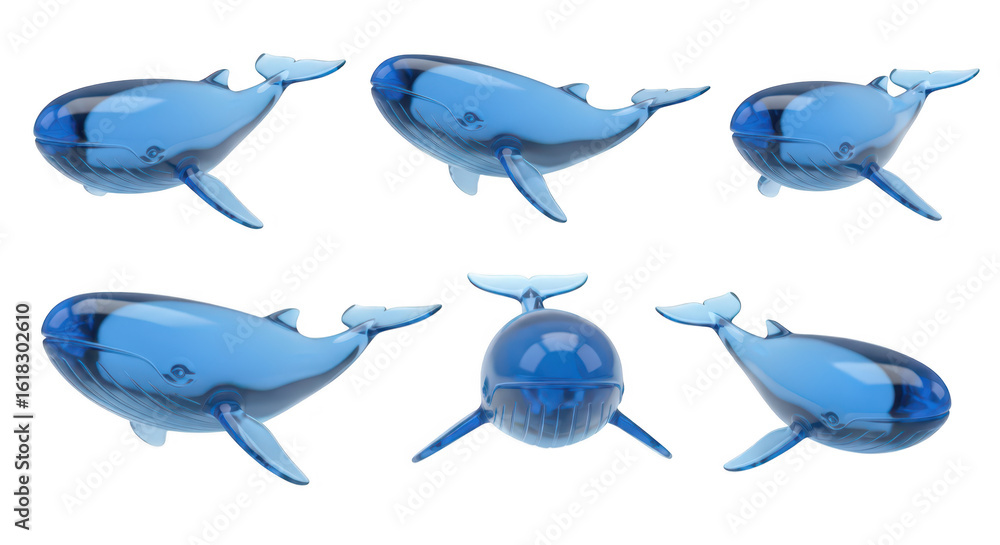 Poster blue transparent whale figurines displayed in various angles against a plain white backdrop suitable