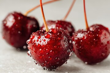 Closeup of fresh red cherries covered in water droplets on simple background