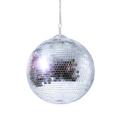  A shiny disco ball hanging from the ceiling, reflecting light and creating an atmosphere of partying on a Transparent background PNG