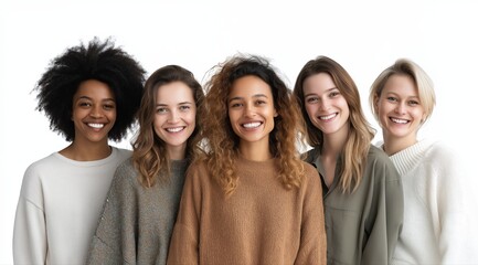 Group portraits of diverse, smiling women in casual clothing, expressing unity and positivity against clean white backgrounds