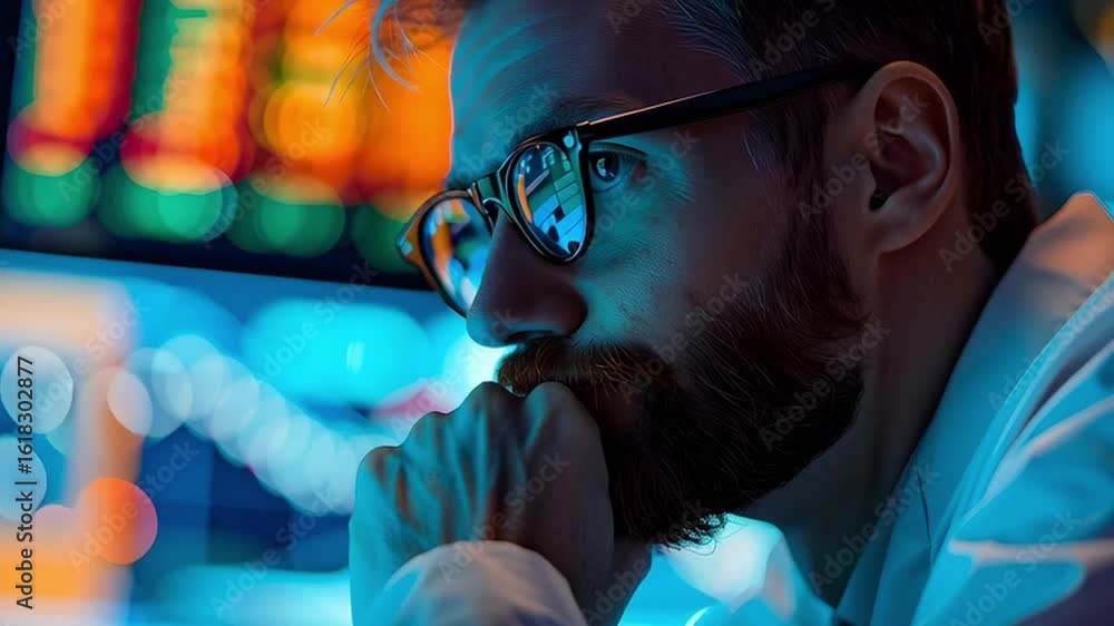 Poster man with glasses analyzing stock market data computer screen with colorful digital chart, focused ex