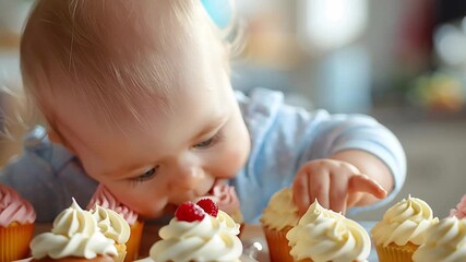 Happy baby toddler reaching for sweet cupcake with creamy frosting and cream dessert, excited child enjoying colorful cupcakes bright cozy kitchen - Powered by Adobe