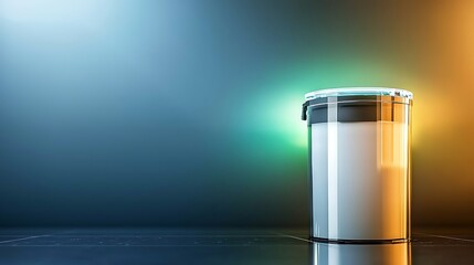 Minimalist Paint Can on a Glossy Surface with Soft Blue and Orange Background Lighting