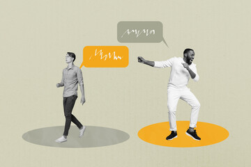 Banner trend collage of people dancing going talking say mind clouds on khaki color background